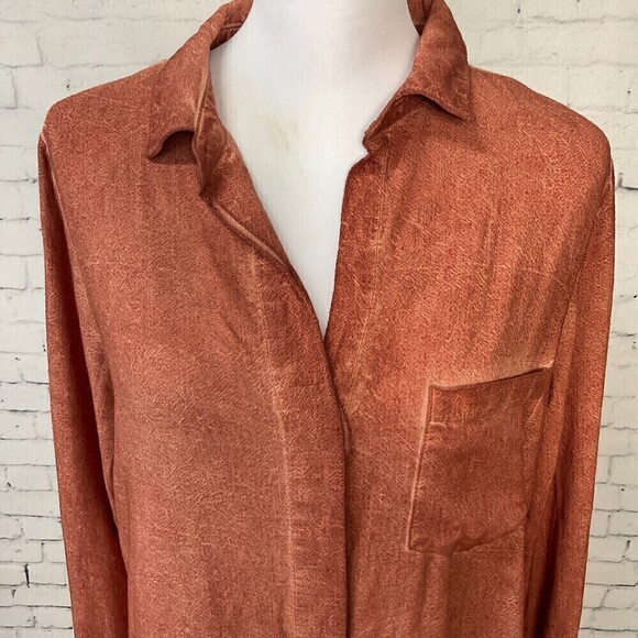 Umgee Women Rust Linen Blend Sz S Top Button Up Long Sleeve Blouse Fray Hem R1 - Picture 7 of 12